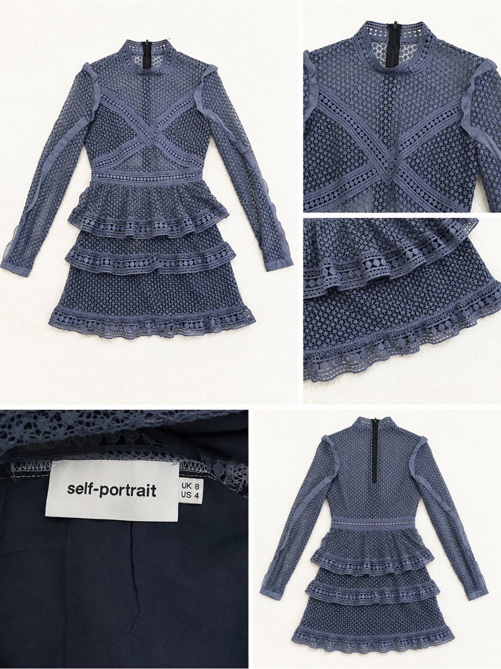 Self-Portrait Navy Crochet Lace Tiered Peplum Mini Dress